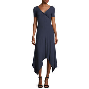 A.L.C. Reva Twist-Front Short-Sleeve A-Line Rib-Knit Dress in Navy Blue SZ XS